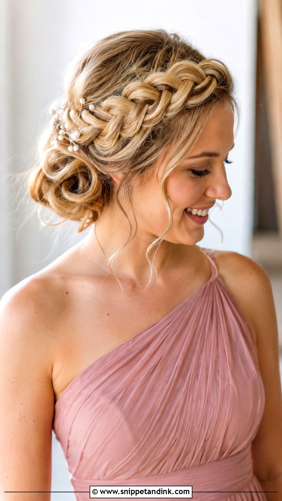 Braided Crown For One Shoulder Dress - Snippet and Ink - 20 Bridesmaid Hairstyles One Shoulder Dress
