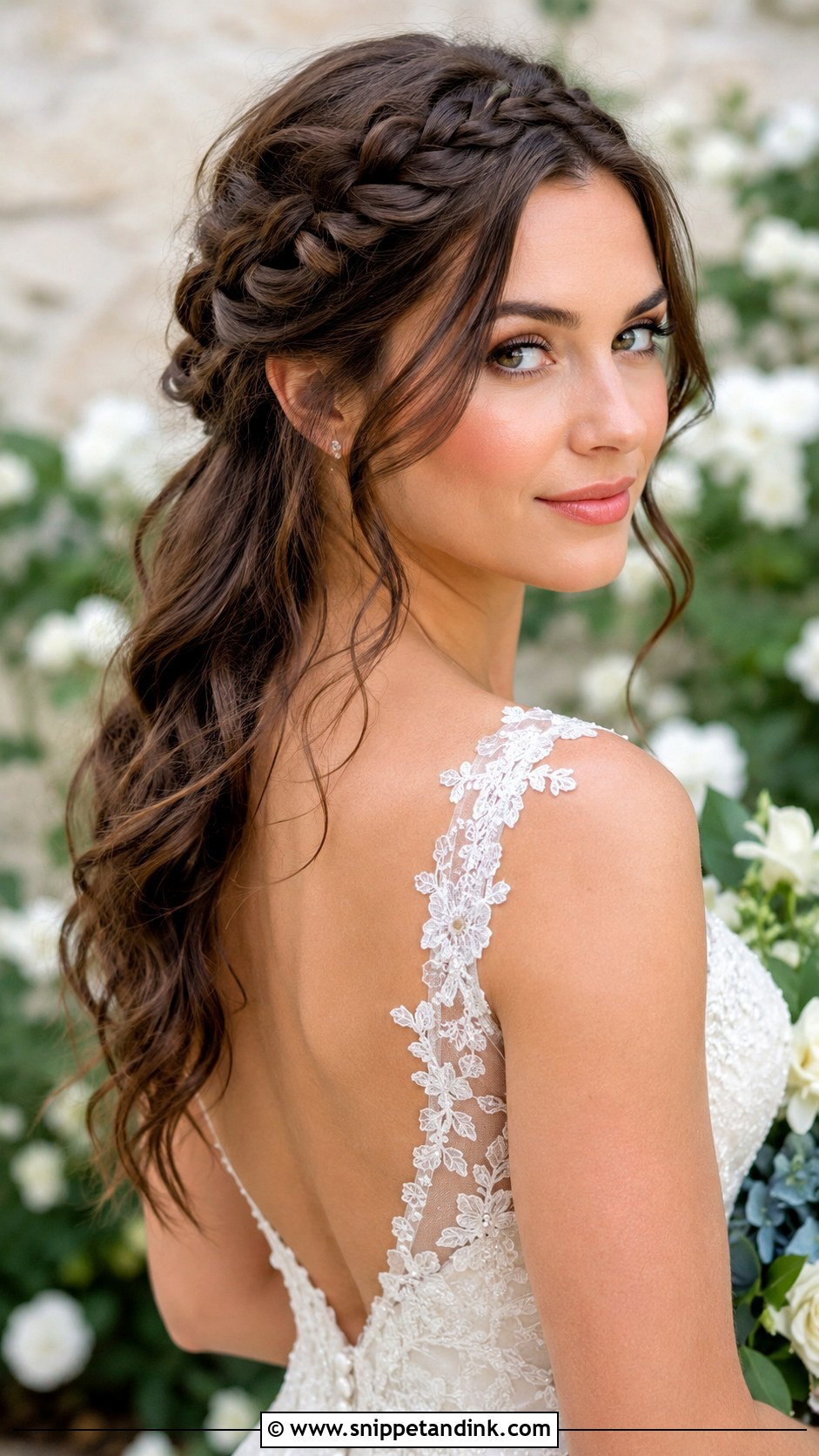 Braided Crown Half Up With Loose Waves - Snippet and Ink - 20 Long Brunette Half-Up Half-Down Wedding Hair Ideas