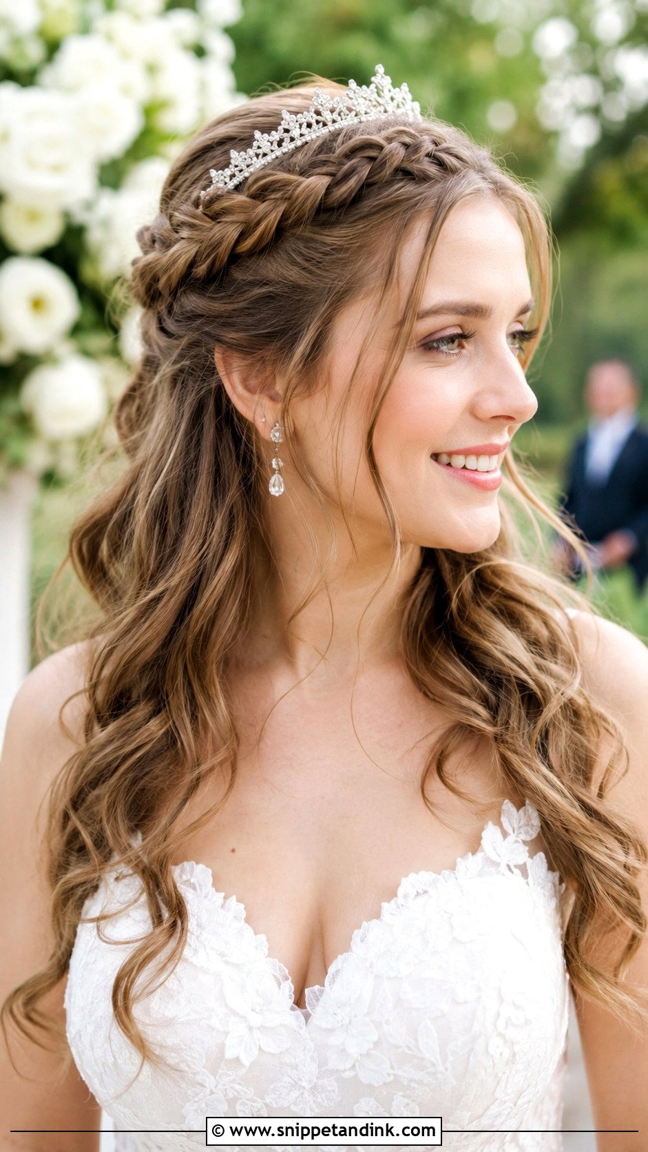 Braided Crown Half Updo with Tiara - Snippet and Ink - 20 Bride Hairstyles with Tiara