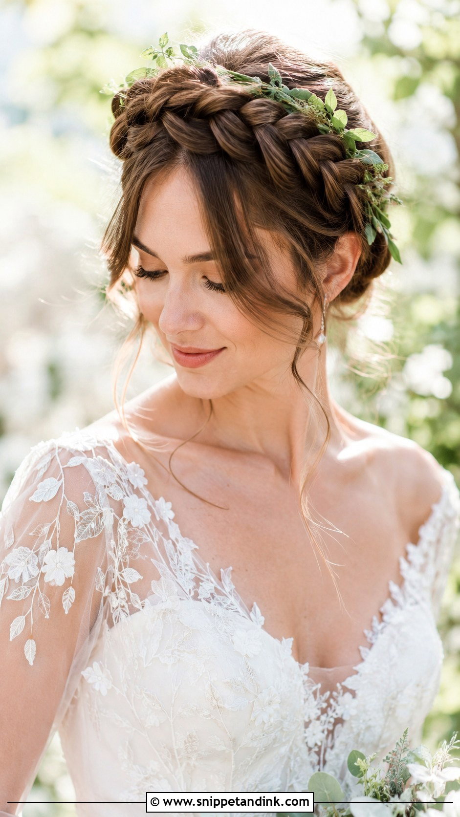 Braided Crown Updo With Curtain Bangs - Snippet and Ink - 20 Wedding Updo with Bangs Ideas