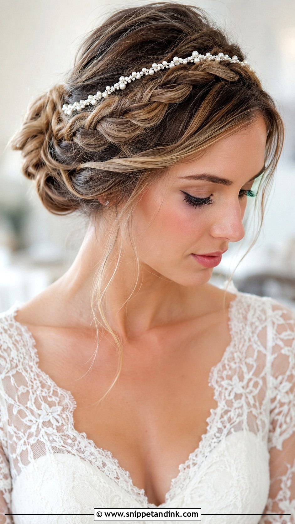 Braided Crown Updo With Pearl Band - Snippet and Ink - 20 Bridal Updo with Headband Ideas