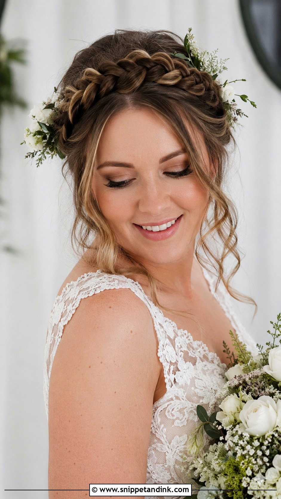 Braided Crown Updo for Round Face Brides - Snippet and Ink - 25 Wedding Hair for Round Face Ideas
