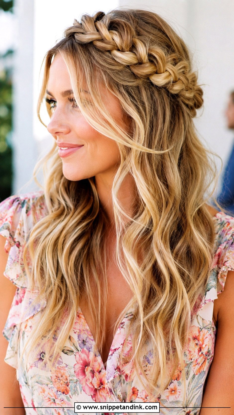 Braided Crown Wavy Hair For Wedding Guest - Snippet and Ink - 15 Wavy Hair for Wedding Guest Ideas