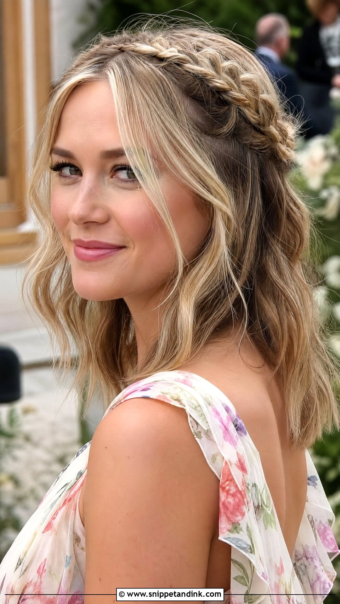 Braided Crown Wedding Guest Hairstyle - Snippet and Ink - 15 Easy Mid Length Wedding Guest Hairstyles