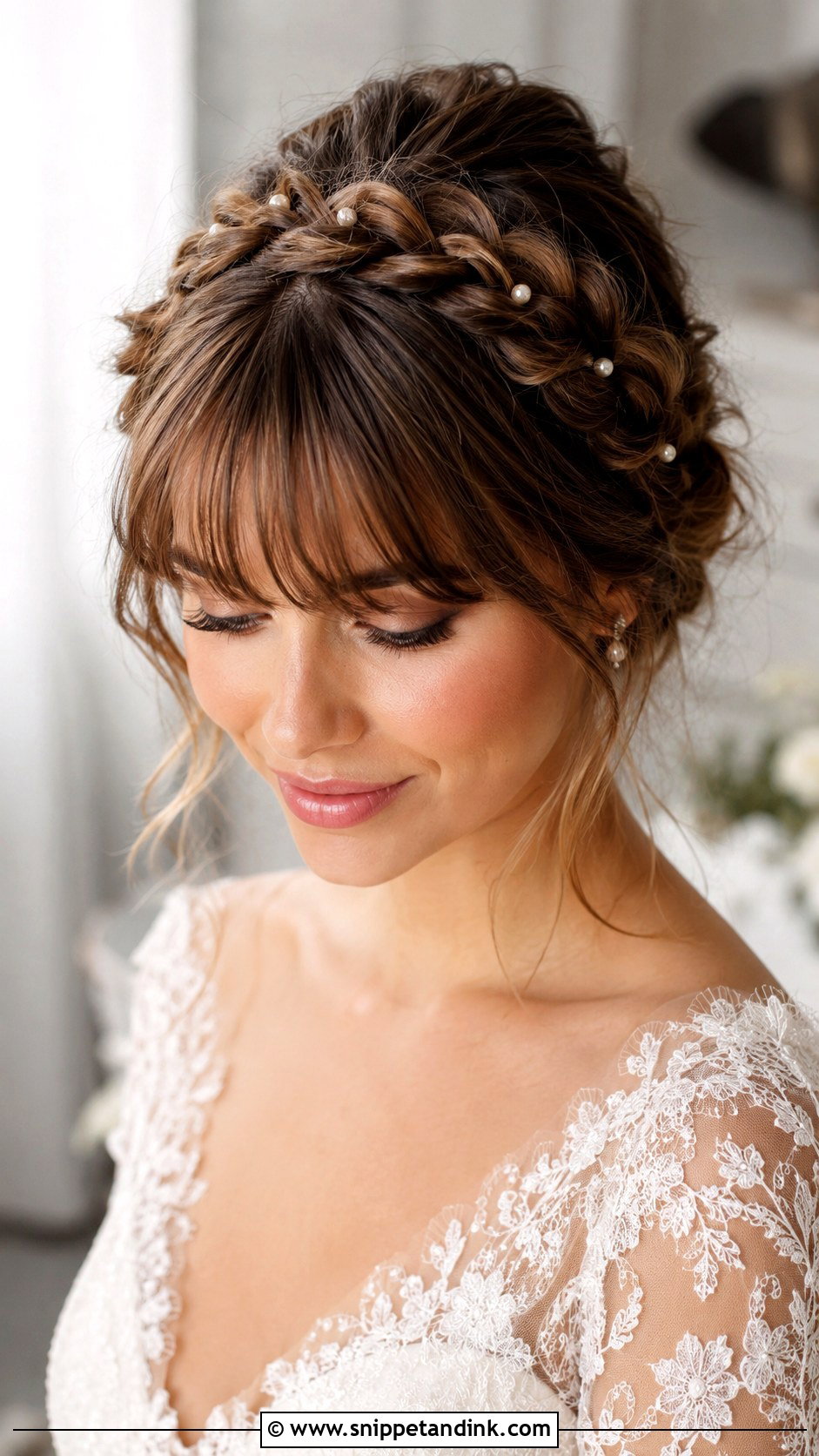 Braided Crown With Bangs - Snippet and Ink - 15 Wedding Hairstyles for Bangs