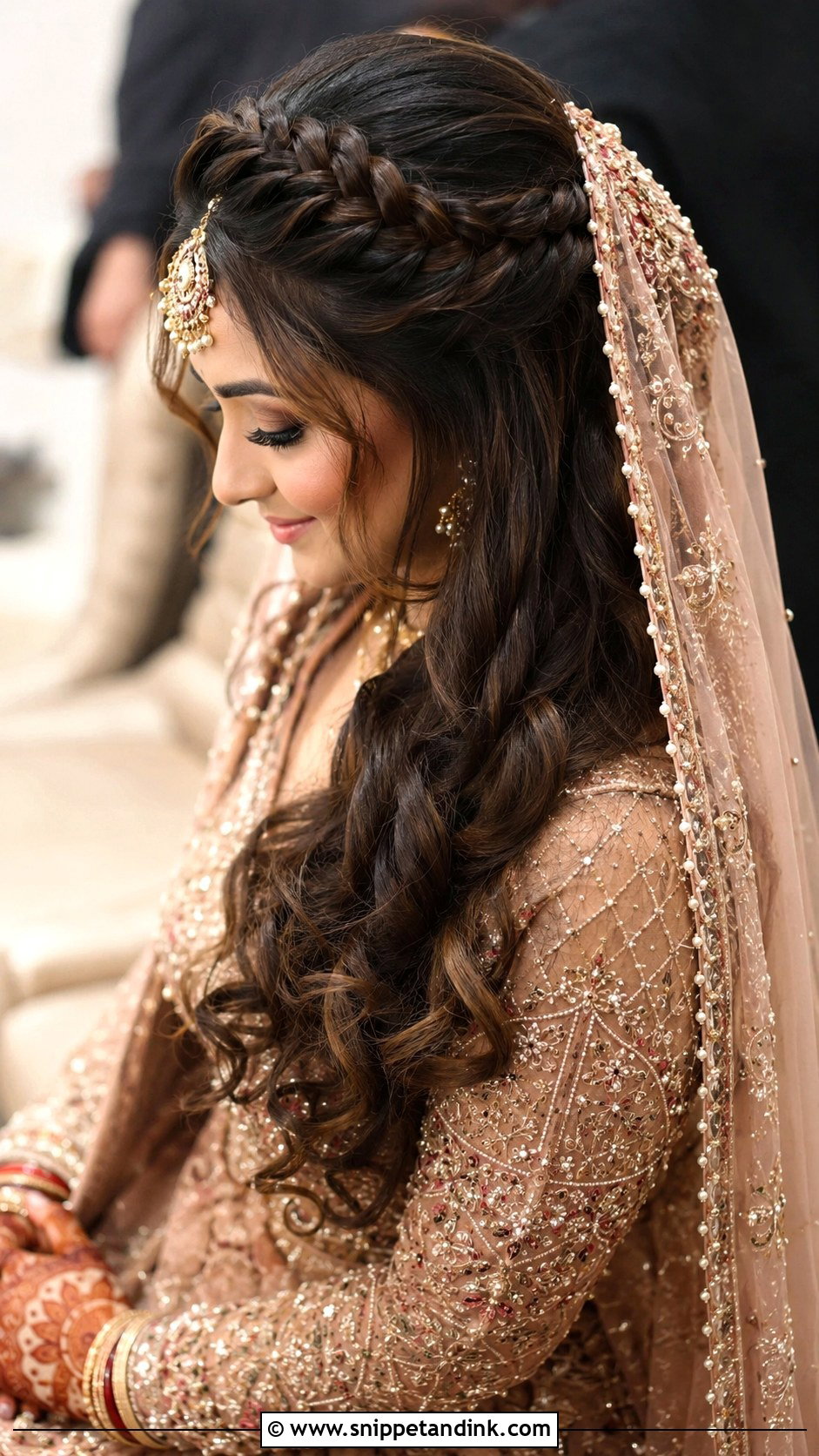 Braided Crown With Cascading Curls - Snippet and Ink - 20 Pakistani Bridal Hairstyles with Dupatta
