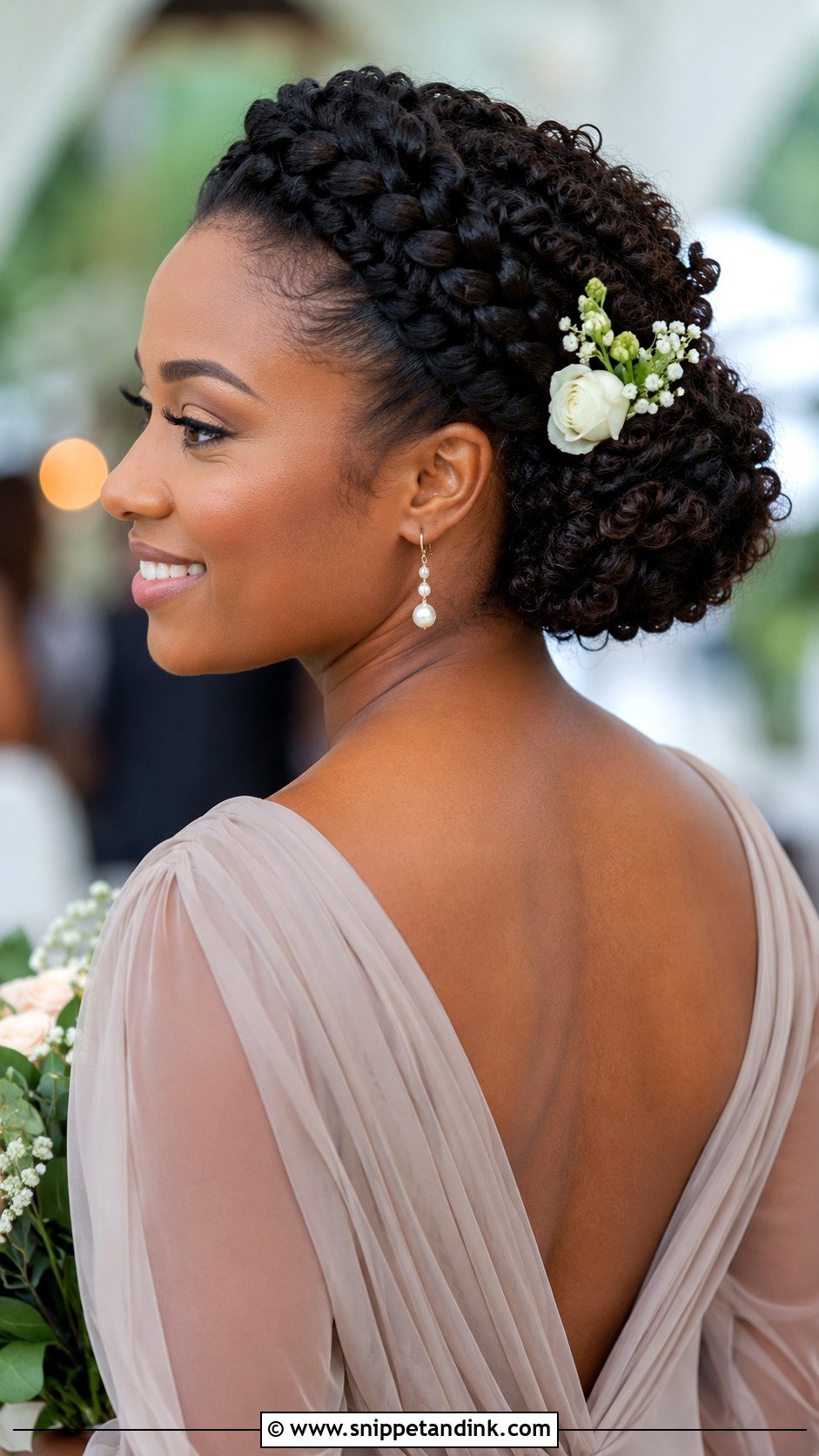 Braided Crown With Curly Bun - Snippet and Ink - 30 Natural Hair Wedding Ideas