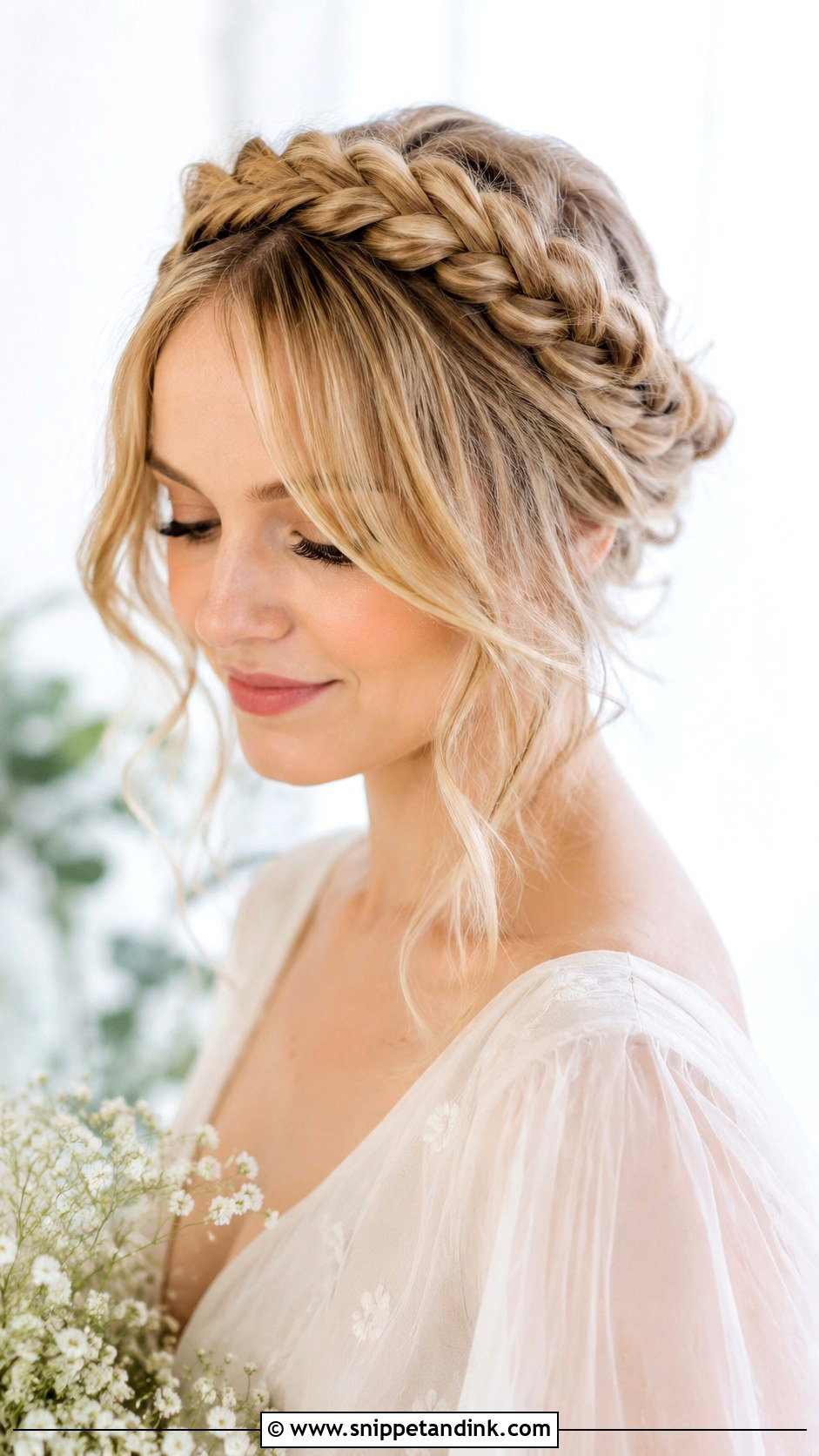 Braided Crown With Curtain Bangs - Snippet and Ink - 20 Wedding Hair with Curtain Bangs Ideas