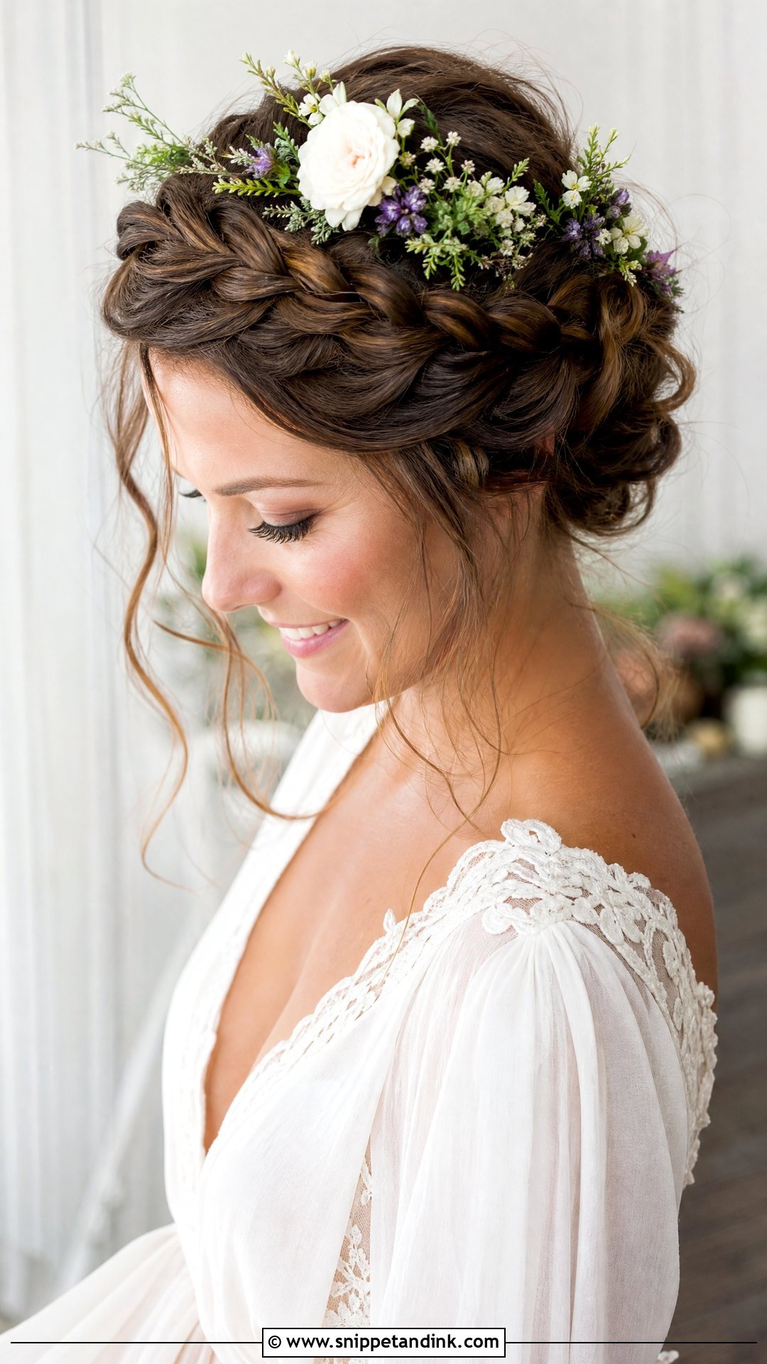 Braided Crown With Floral Headpiece - Snippet and Ink - 20 Bridal Updo with Headpiece Ideas