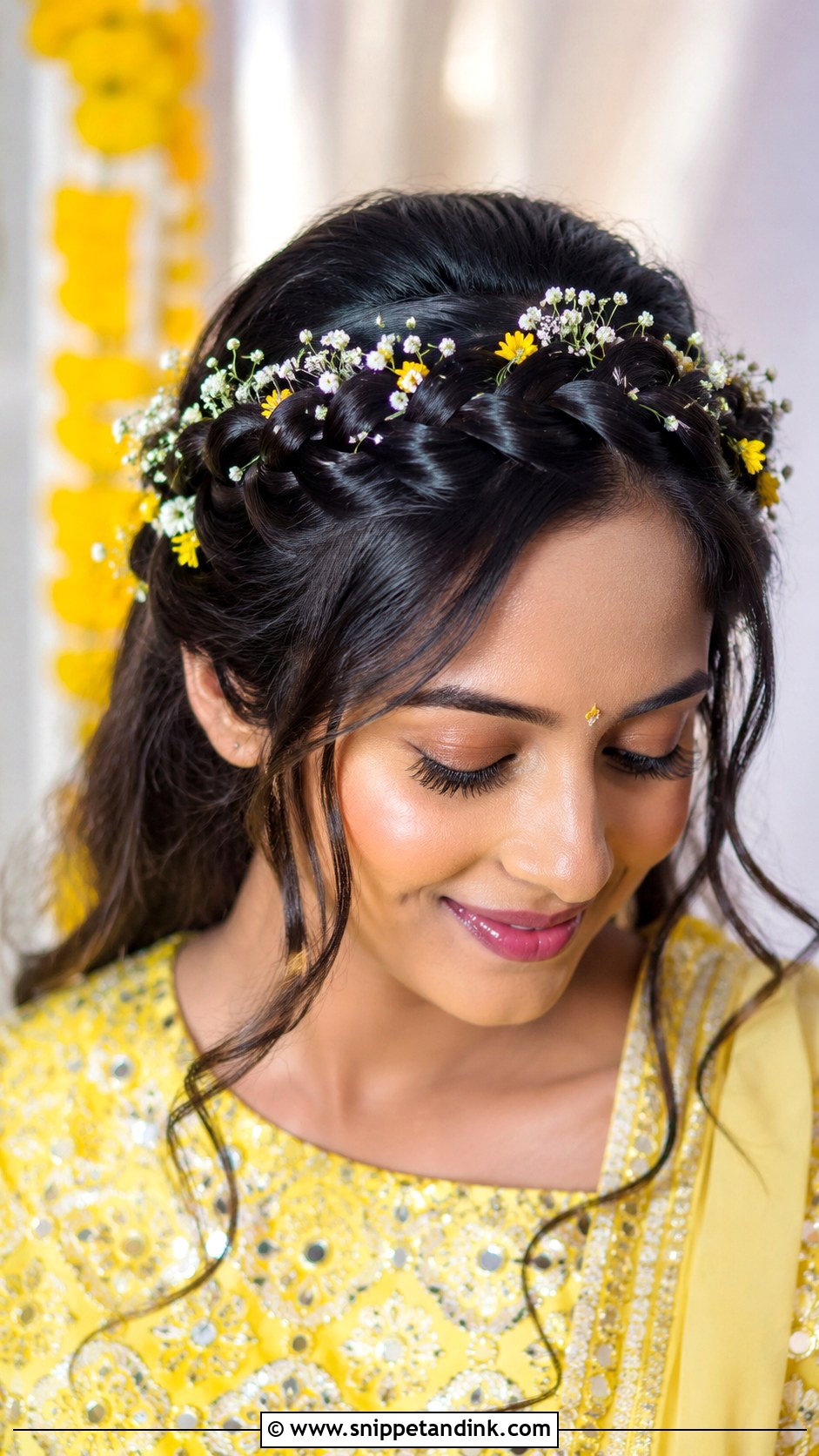 Braided Crown With Flowers - Snippet and Ink - 25 Haldi Ceremony Hairstyle for Bride Ideas