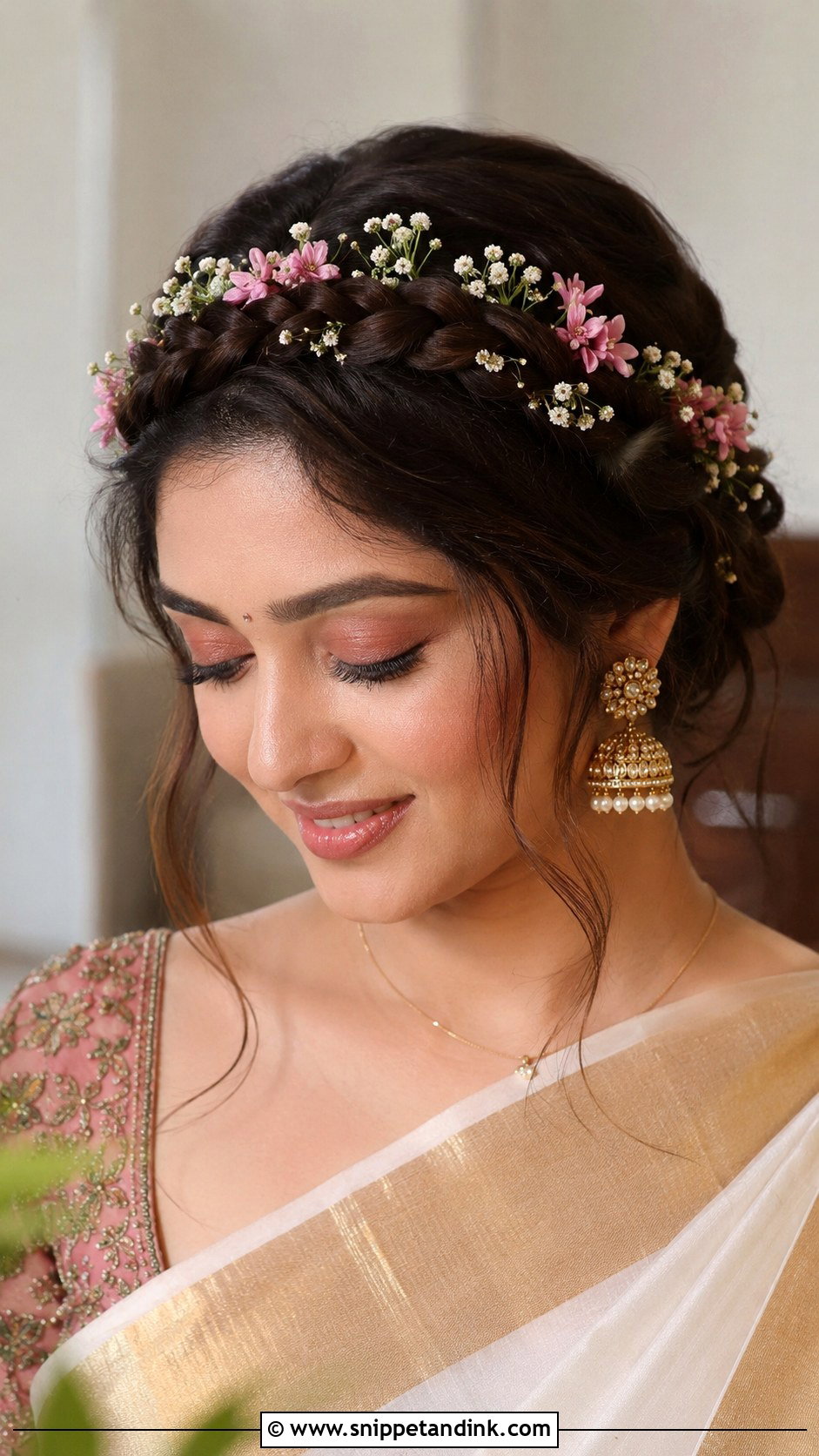 Braided Crown With Flowers - Snippet and Ink - 25 Kerala Wedding Hairstyle Ideas