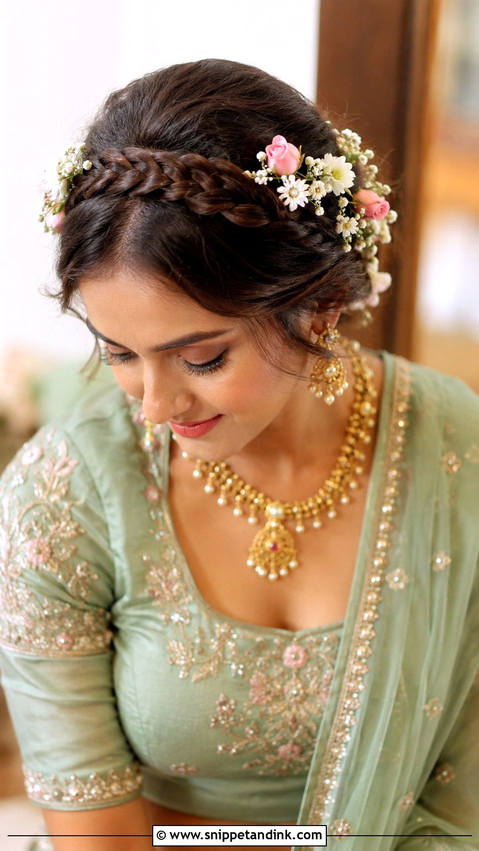 Braided Crown With Flowers - Snippet and Ink - 25 South Indian Bride Engagement Hairstyle Ideas