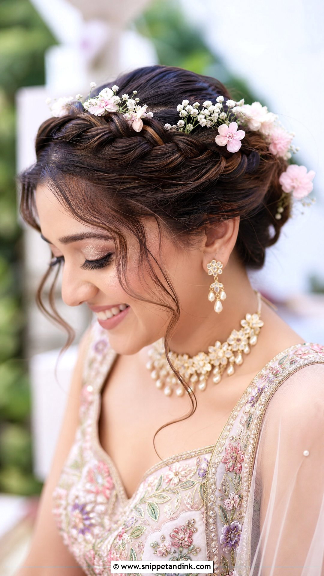 Braided Crown With Flowers - Snippet and Ink - 20 Mandap Hairstyle for Bride Ideas