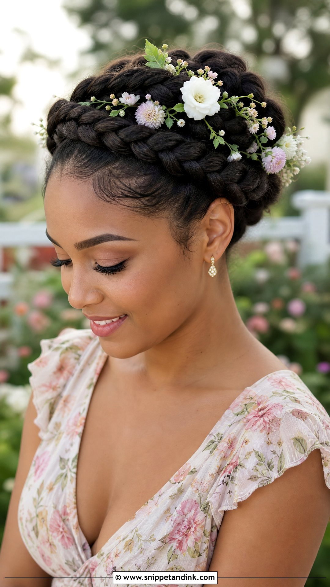 Braided Crown With Flowers - Snippet and Ink - 20 Natural Hairstyles for Wedding Guest