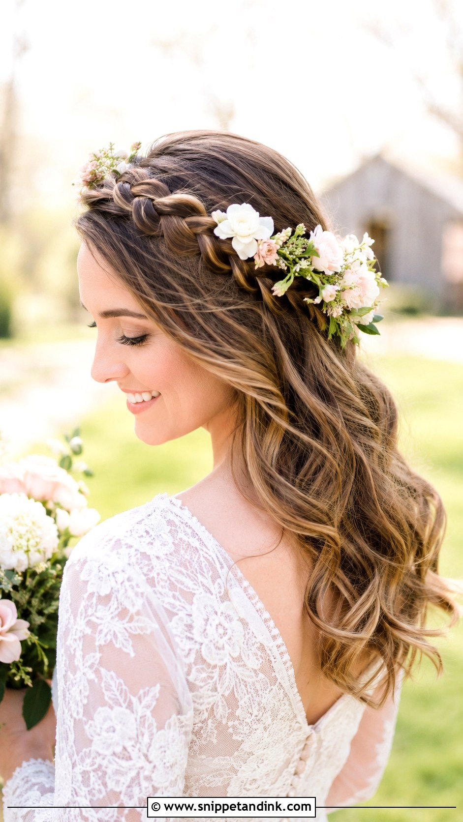 Braided Crown With Flowers Wedding Hairstyle - Snippet and Ink - 25 Long Wedding Hairstyles
