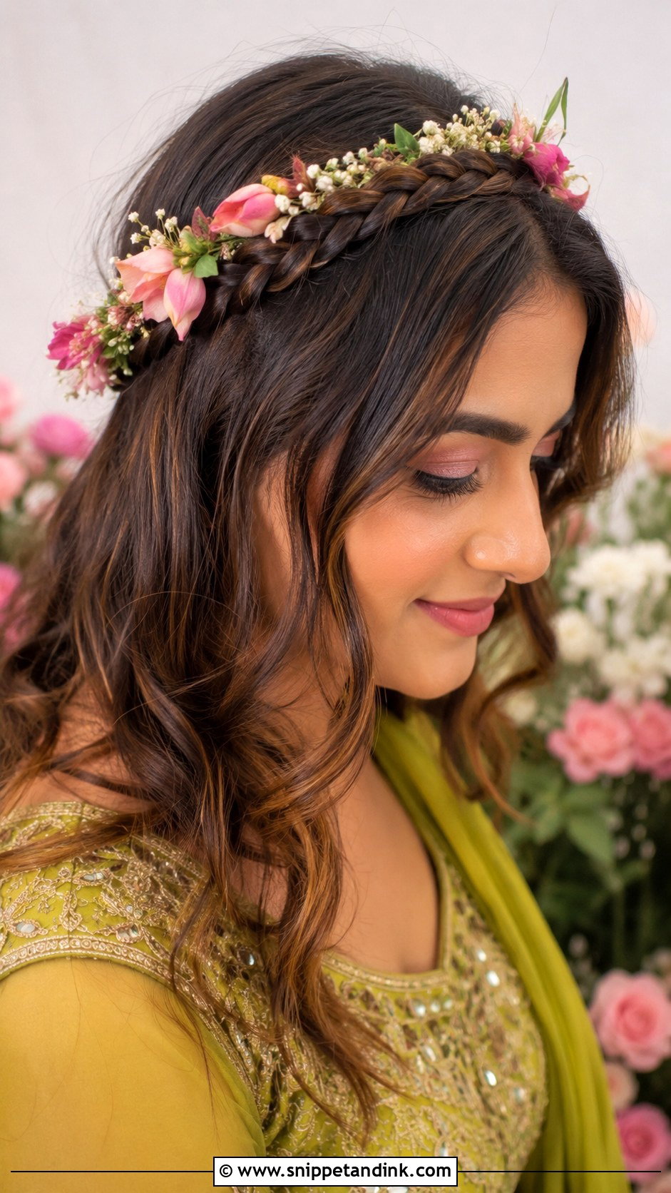 Braided Crown With Flowers for Mehendi - Snippet and Ink - 25 Hairstyle for Marriage Function Ideas