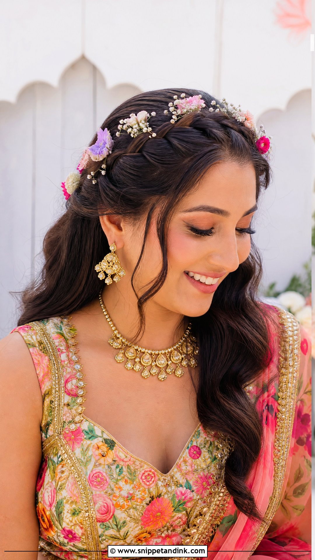 Braided Crown With Fresh Flowers - Snippet and Ink - 20 Indian Hairstyle for Wedding Guest Ideas