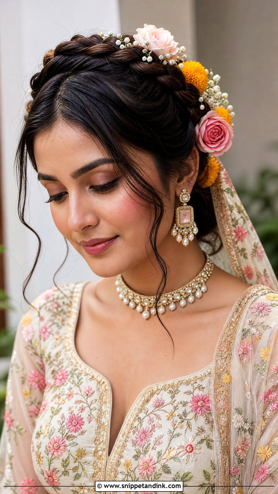Braided Crown With Fresh Flowers - Snippet and Ink - 20 Traditional Indian Wedding Hairstyles