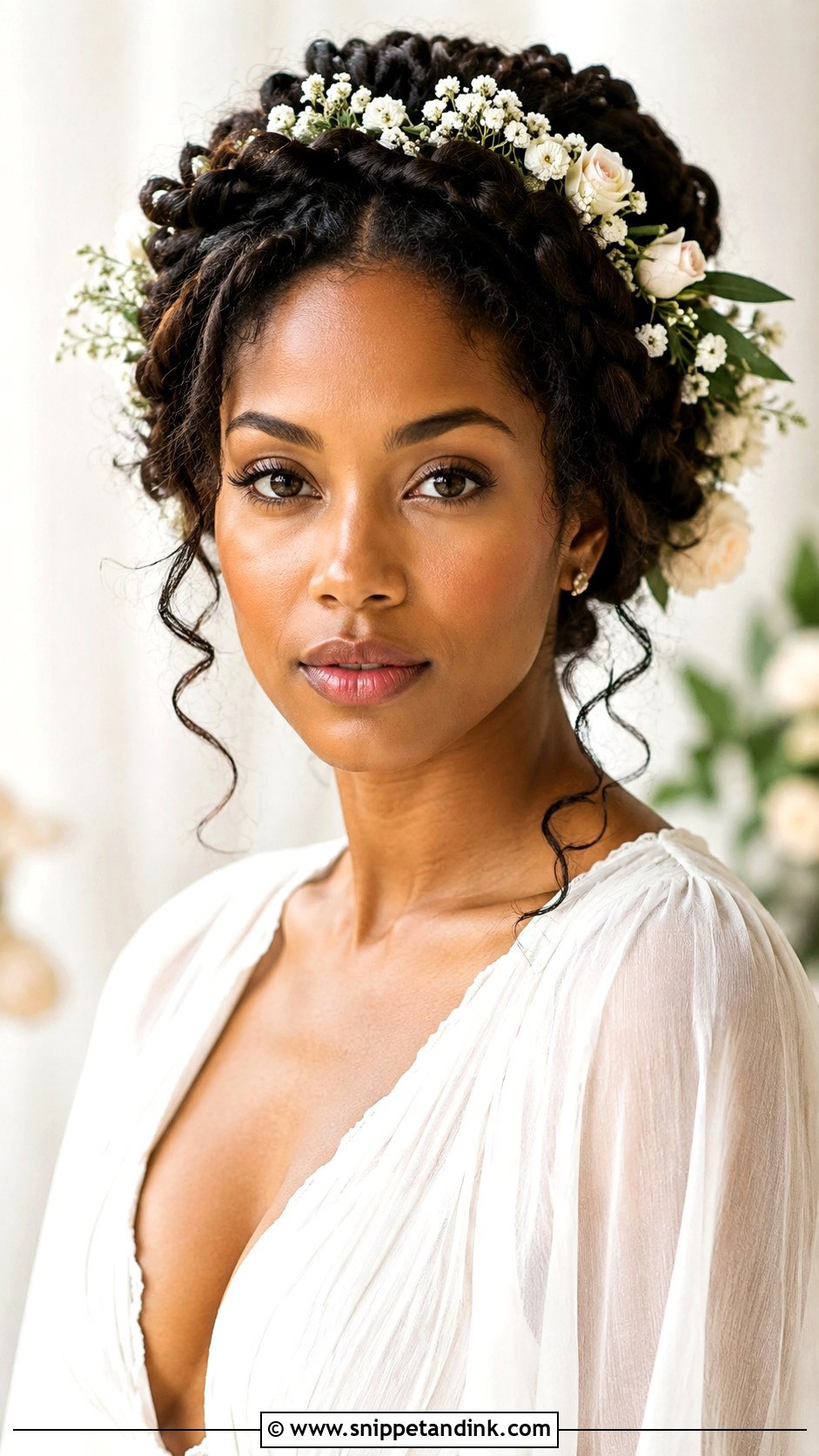 Braided Crown With Fresh Flowers - Snippet and Ink - 20 Afro Wedding Hairstyles Brides