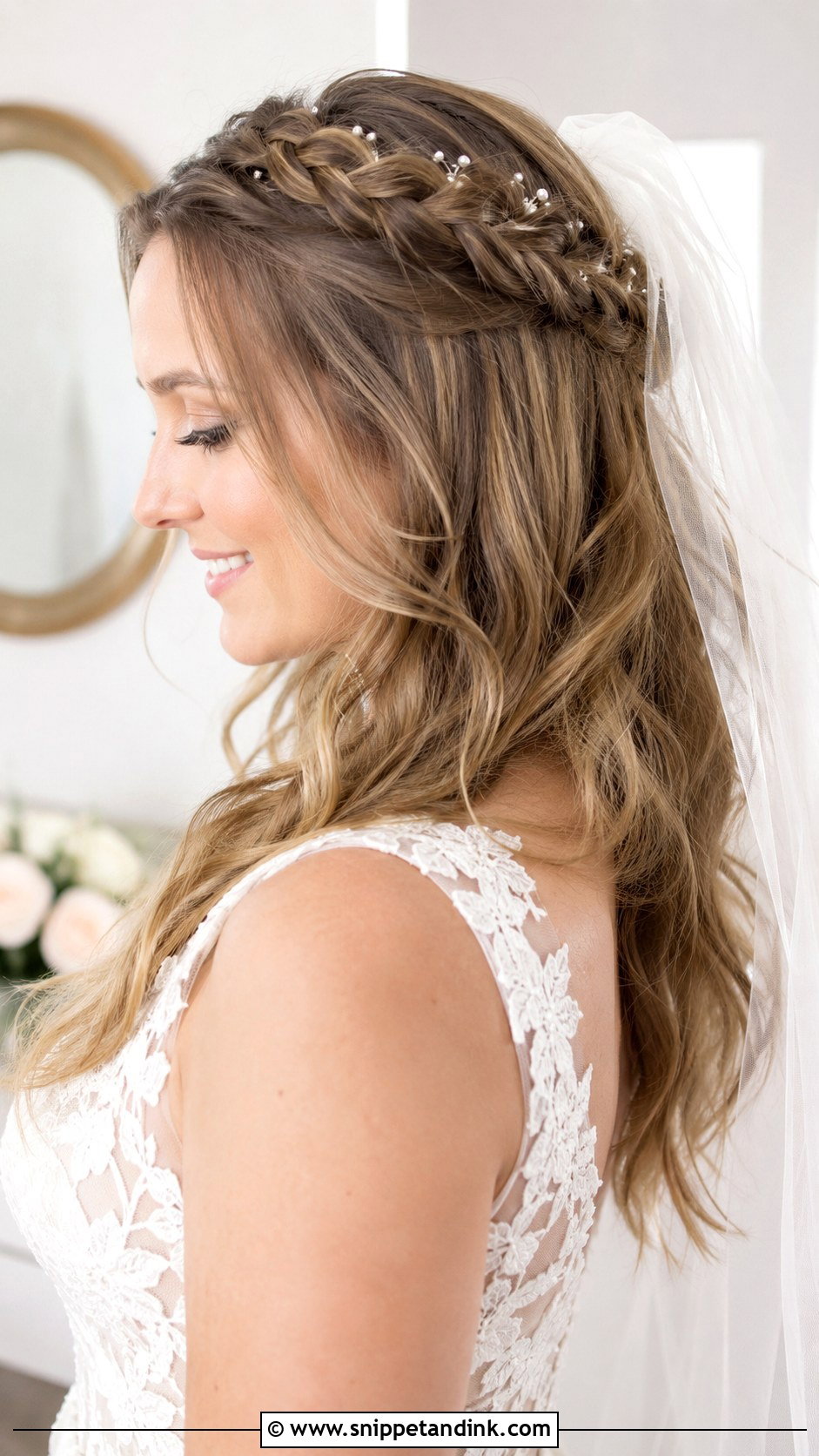 Braided Crown With Hair Down And Blusher Veil - Snippet and Ink - 25 Blusher Veil with Hair Down Ideas