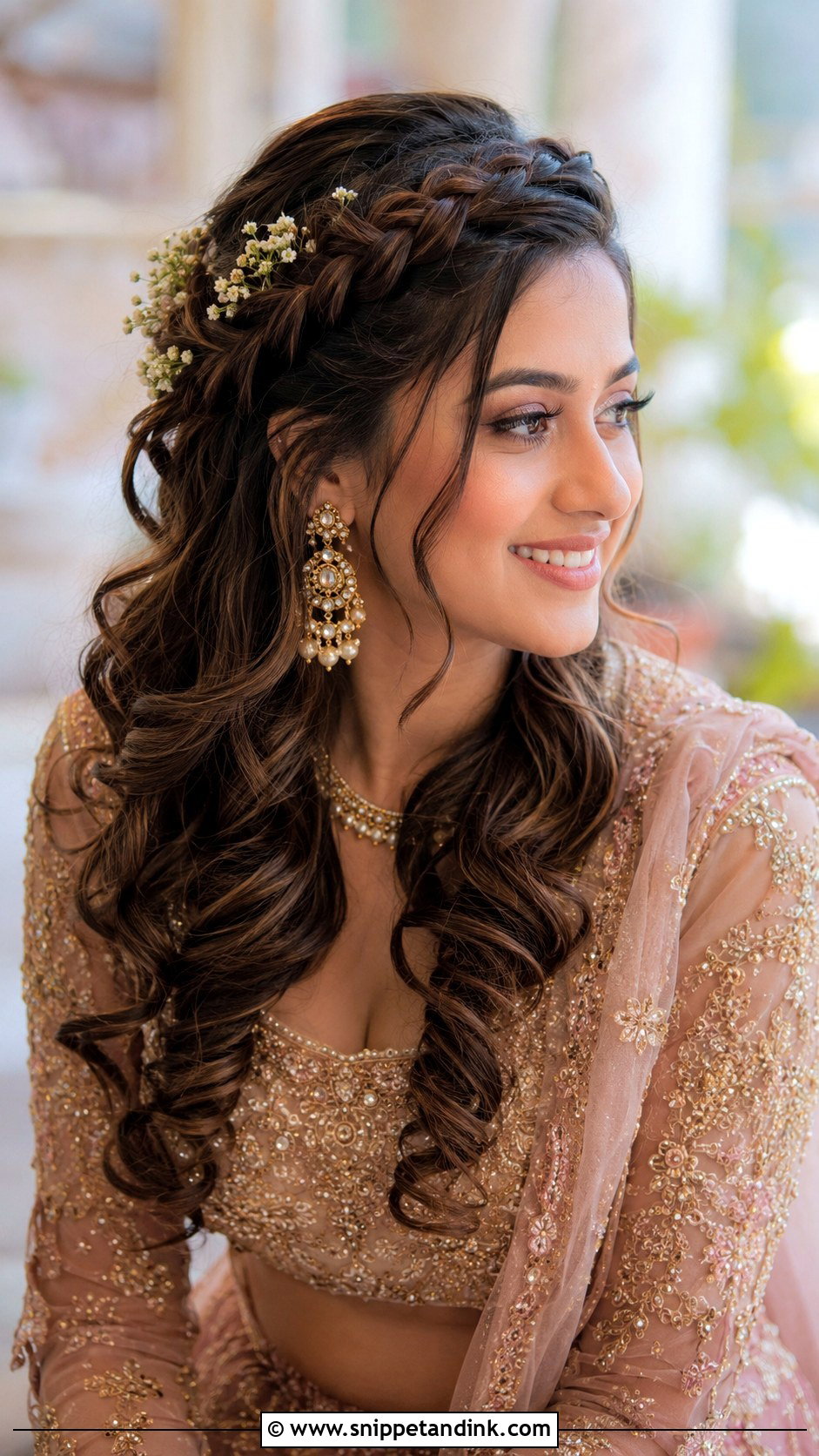 Braided Crown With Loose Curls - Snippet and Ink - 20 Sangeet Hair Styles