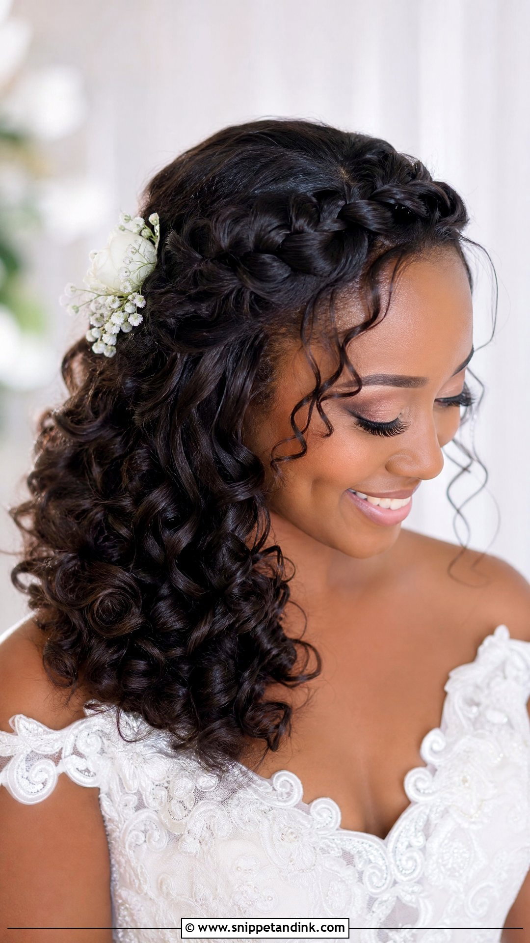Braided Crown With Loose Curls - Snippet and Ink - 30 Black Bridal Hairstyles