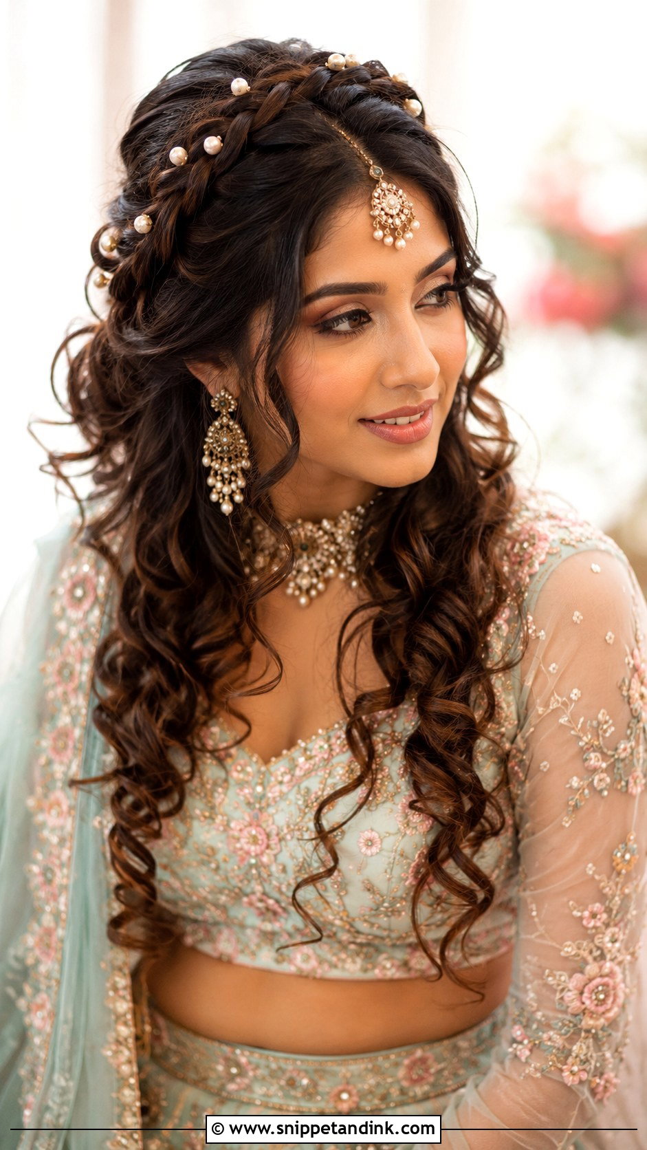 Braided Crown With Loose Curls - Snippet and Ink - 30 Sangeet Hairstyles for Bride