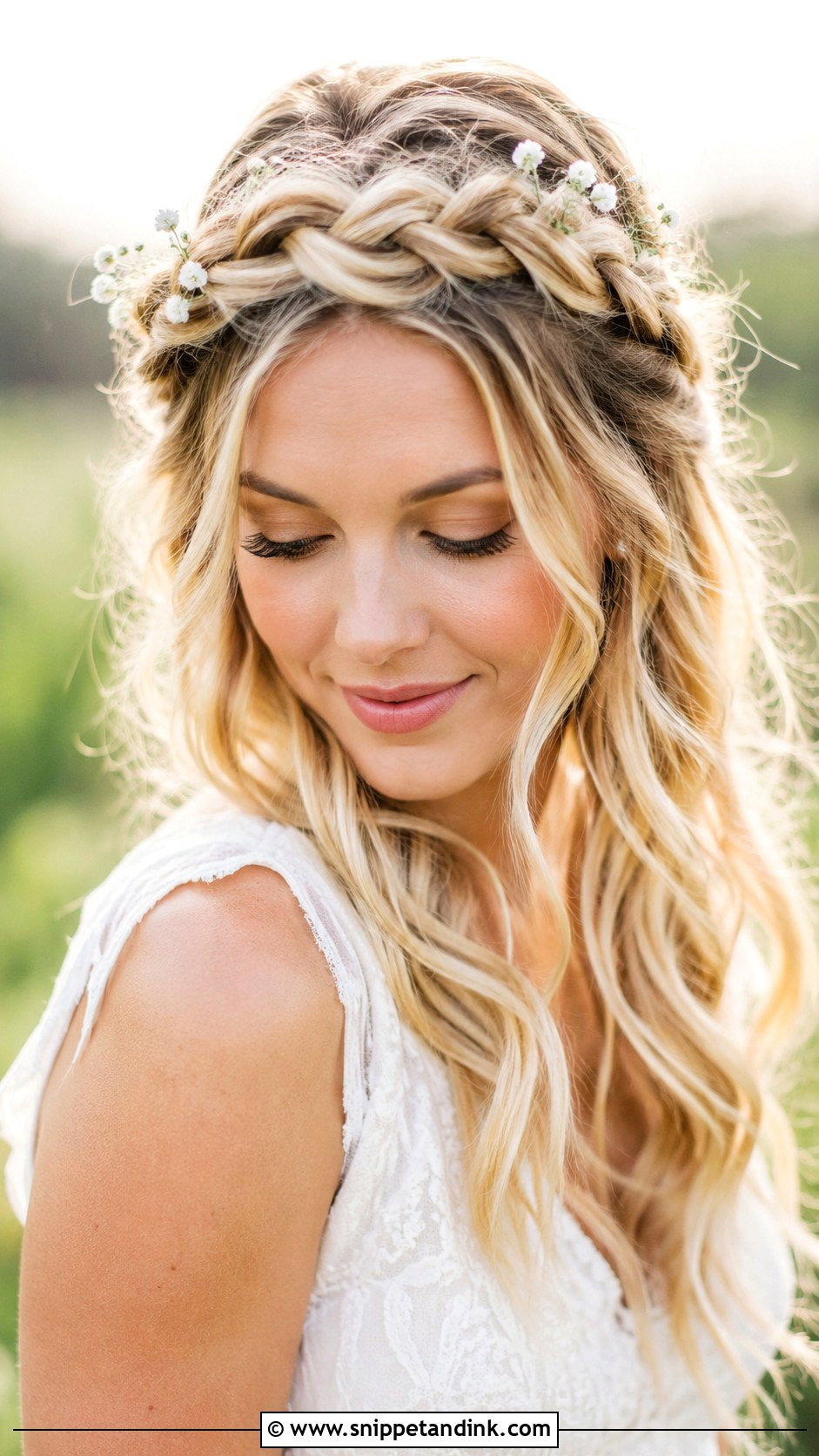 Braided Crown With Loose Waves - Snippet and Ink - 25 Hairstyles for Wedding Function