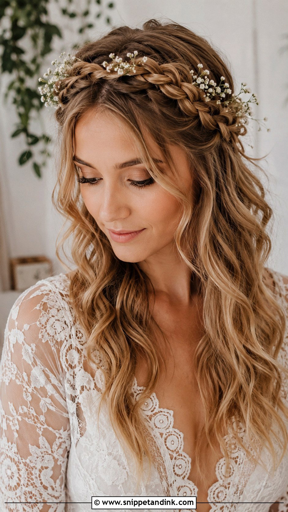 Braided Crown With Loose Waves - Snippet and Ink - 20 Bridal Hair Front View Ideas