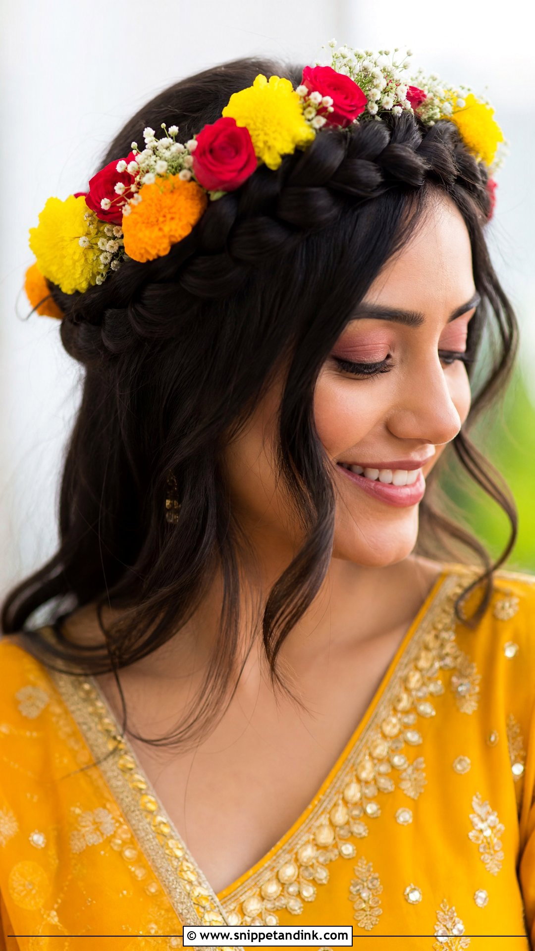Braided Crown With Mixed Blooms - Snippet and Ink - 20 Haldi Bridal Hairstyle Ideas