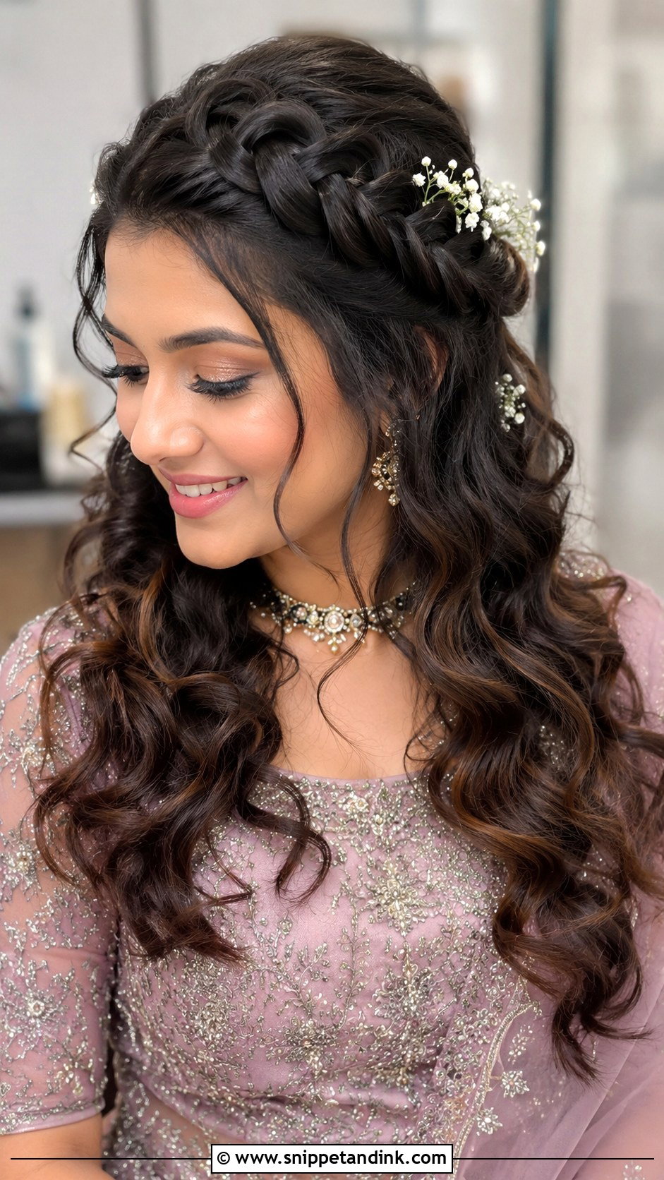 Braided Crown With Open Curls - Snippet and Ink - 25 Indian Wedding Open Hair Hairstyles