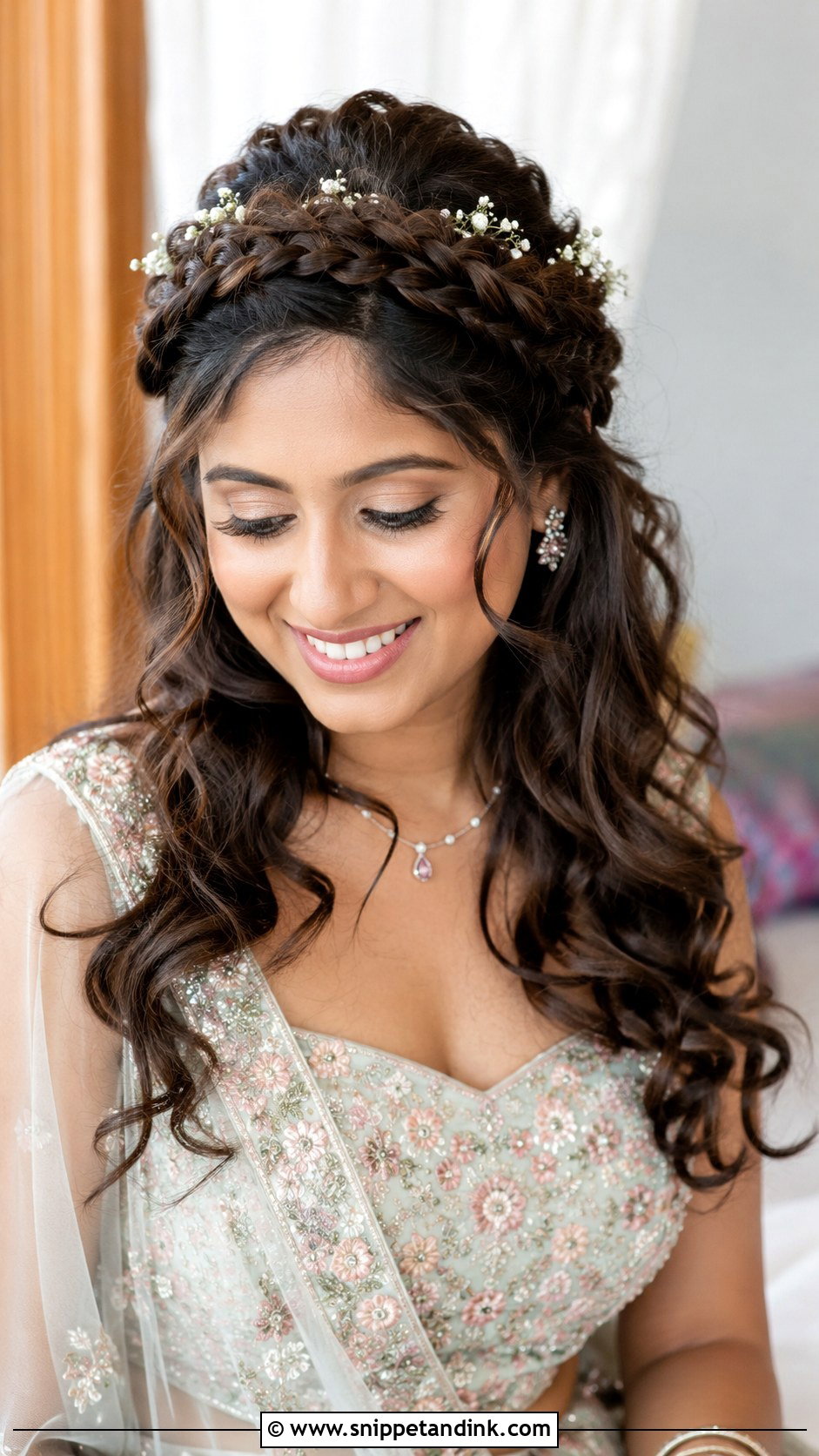 Braided Crown With Open Curls - Snippet and Ink - 25 Open Hair Indian Bride Ideas