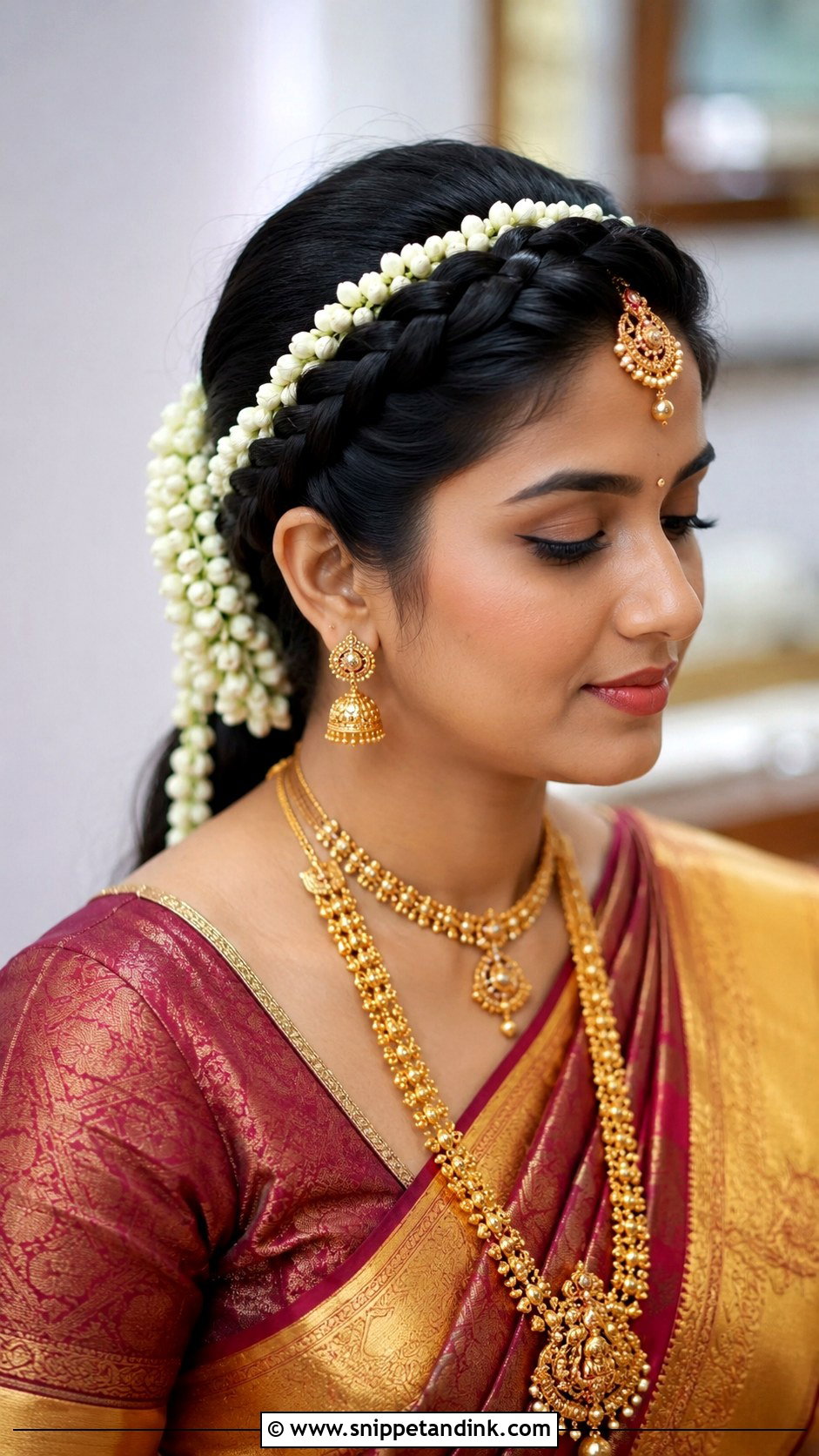 Braided Crown With Veni Flowers - Snippet and Ink - 25 Traditional Indian Weddings Bridal Hairstyles