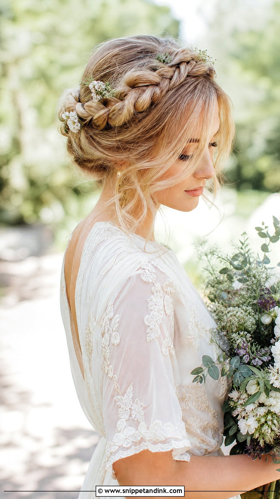Braided Crown With Wispy Bangs - Snippet and Ink - 20 Wedding Guest Hair with Bangs Ideas