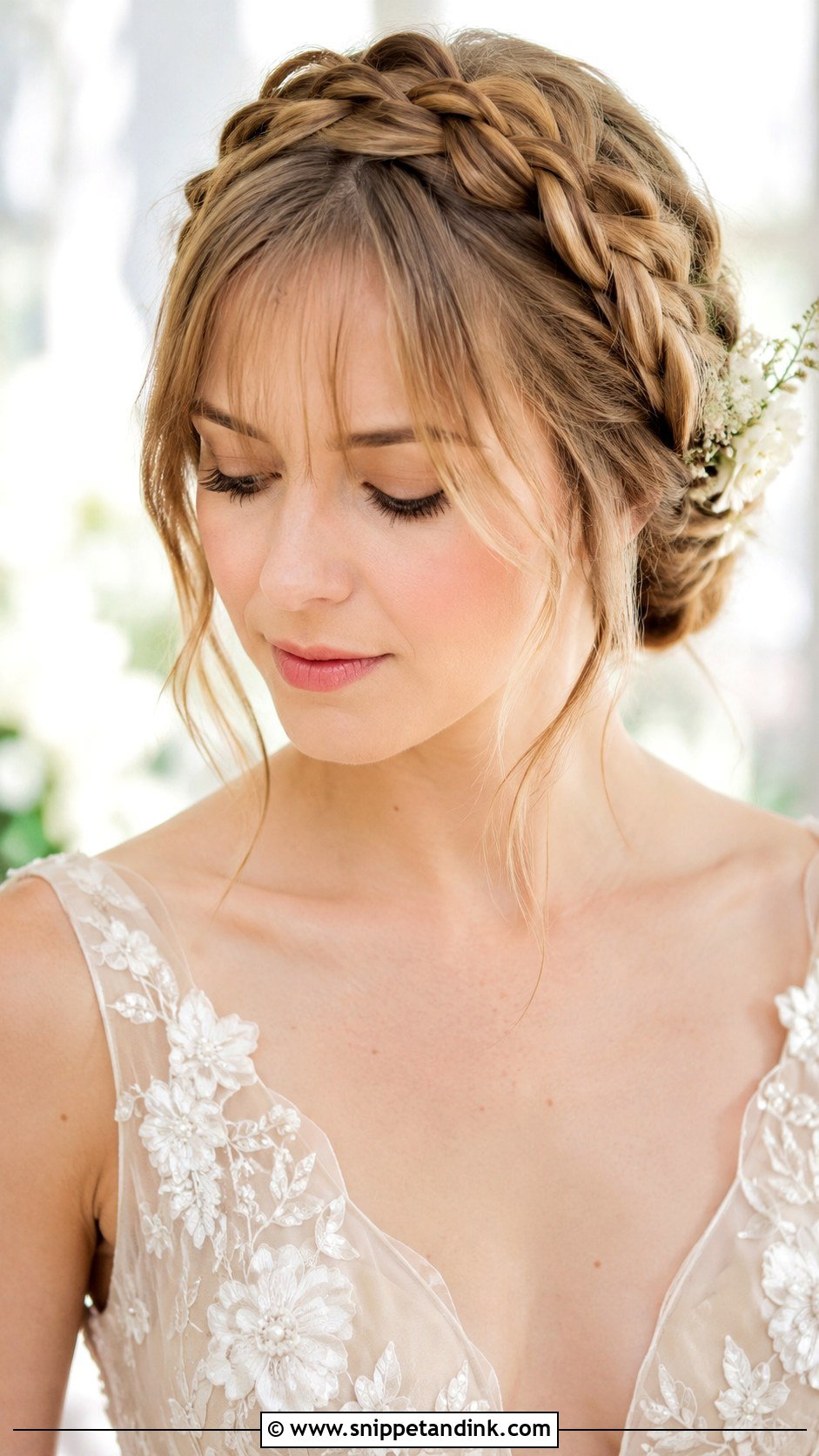 Braided Crown With Wispy Bangs - Snippet and Ink - 20 Hairstyles with Bangs for Wedding