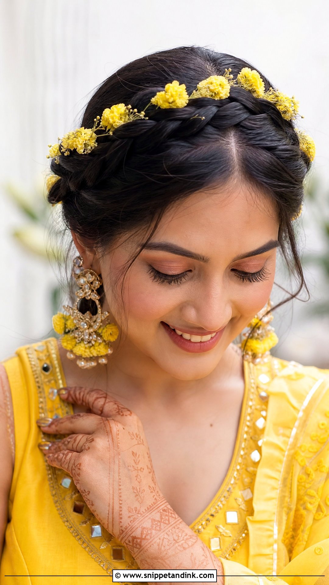 Braided Crown With Yellow Blooms - Snippet and Ink - 20 Hairstyle for Haldi Bride Ideas