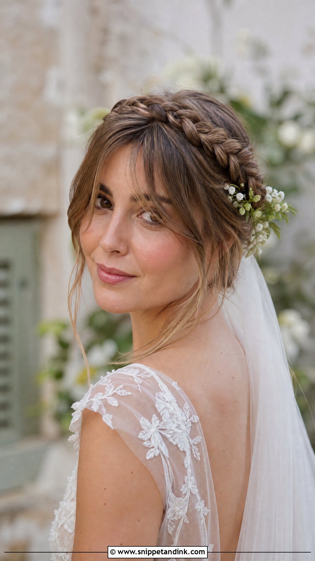Braided Crown with Curtain Bangs - Snippet and Ink - 20 Wedding Hair with Fringe Ideas