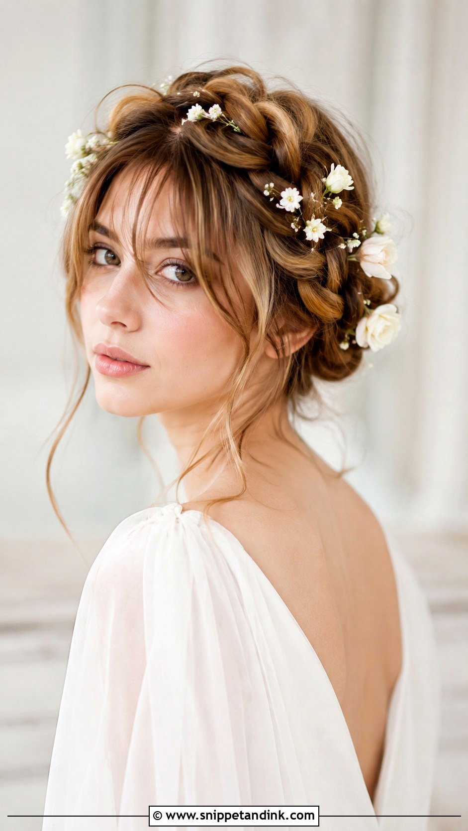 Braided Crown with Curtain Bangs - Snippet and Ink - 25 Bridal Hairstyles with Bangs