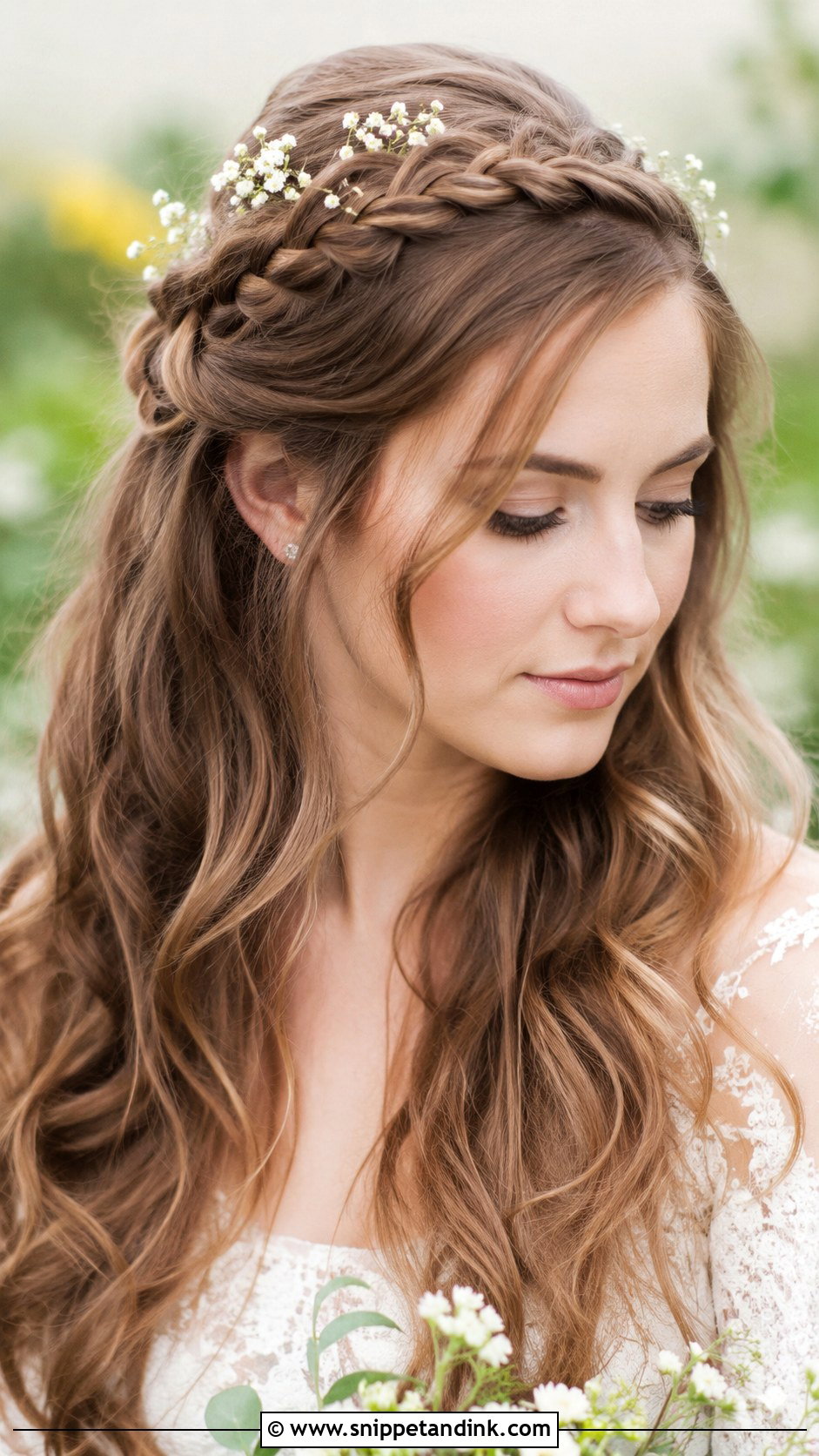 Braided Crown with Flowing Hair - Snippet and Ink - 30 Classy Wedding Hair Down Ideas