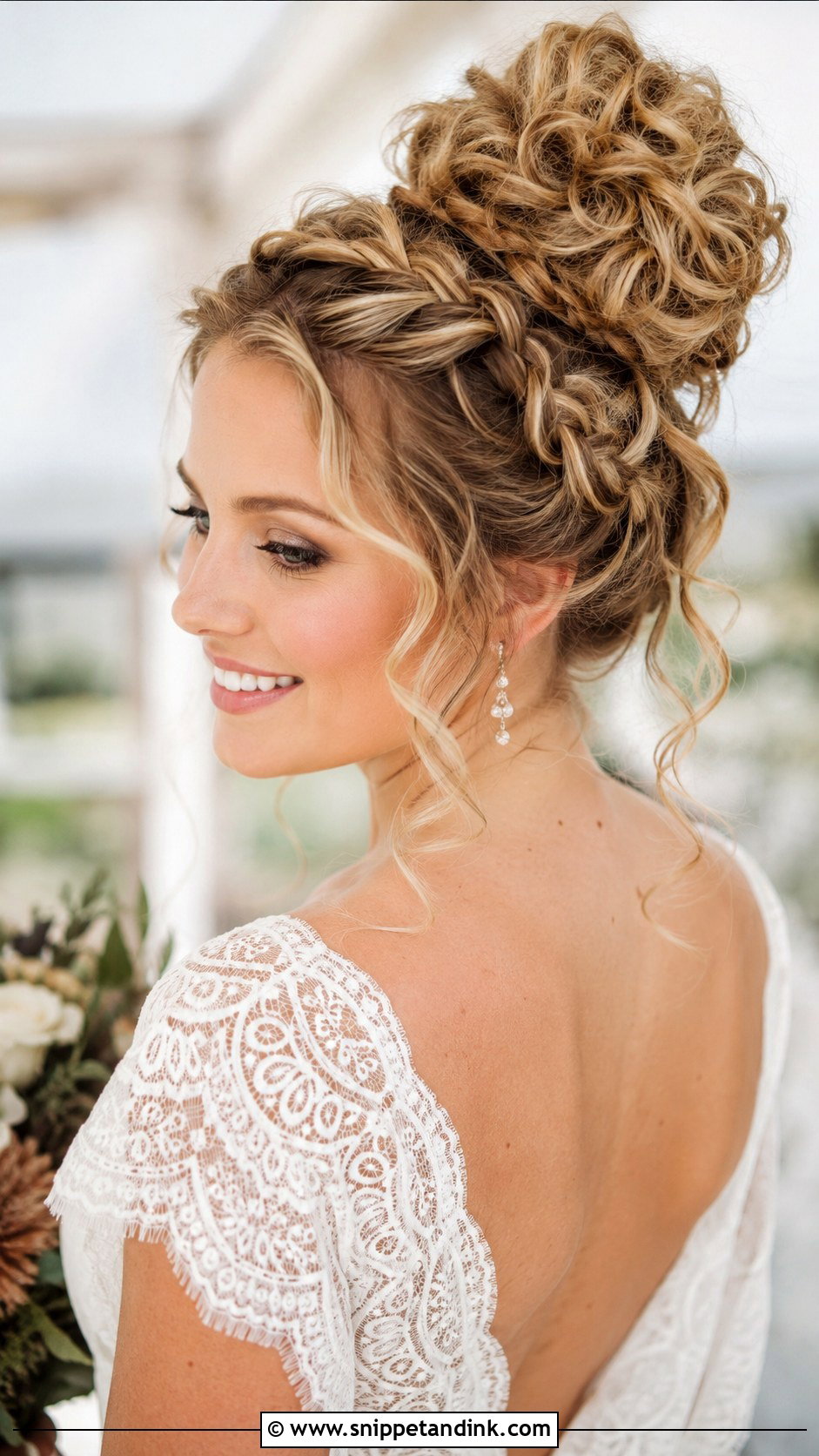 Braided Curly Updo Bun - Snippet and Ink - 30 Curly Hair Updo Wedding Ideas