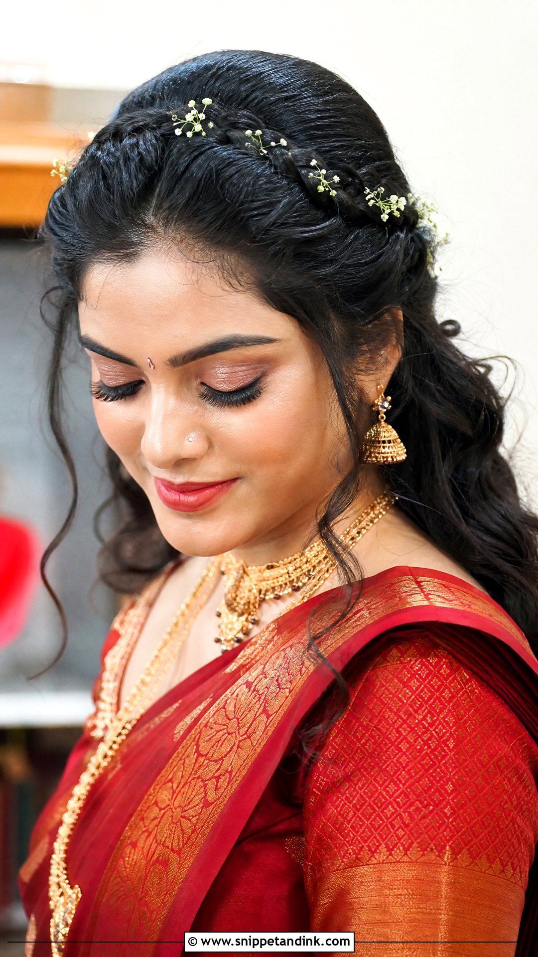 Braided Front With Curls at Back - Snippet and Ink - 20 South Indian Wedding Hairstyles for Short Hair