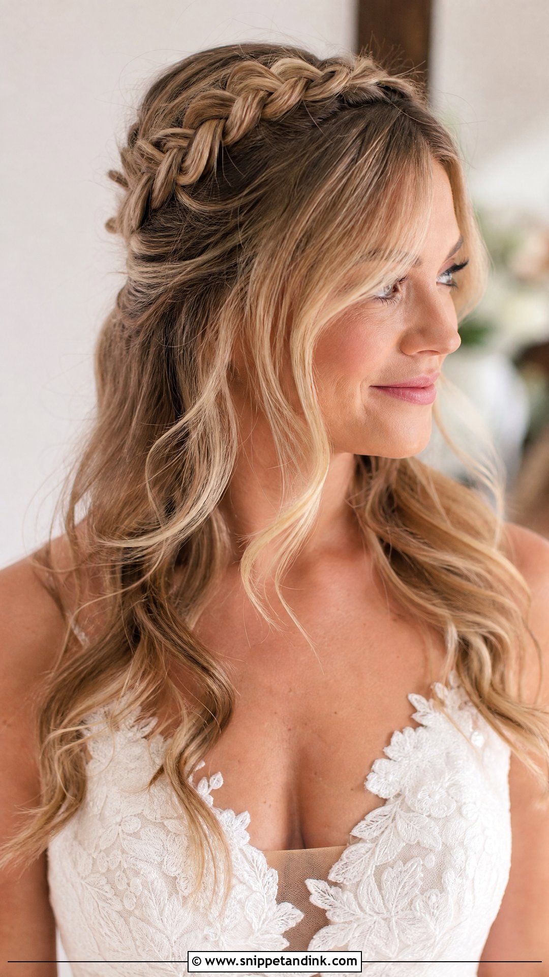 Braided Half Up With Curtain Bangs - Snippet and Ink - 20 Half-Up Braid Bridal Hair Ideas