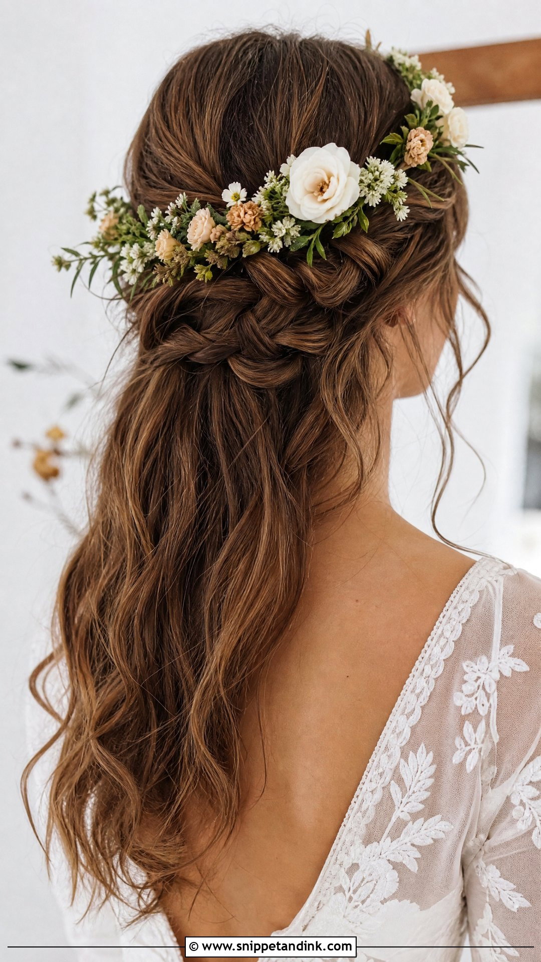 Braided Half Up With Floral Crown - Snippet and Ink - 20 Half-Up Braid Bridal Hair Ideas