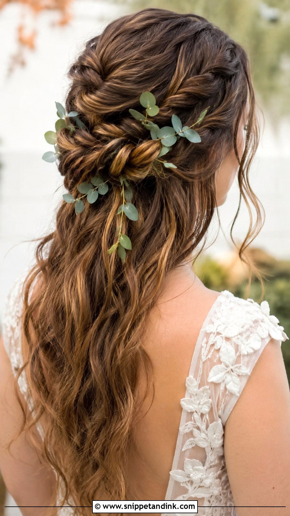 Braided Half Up With Greenery - Snippet and Ink - 20 Half-Up Wedding Hair Braid Ideas