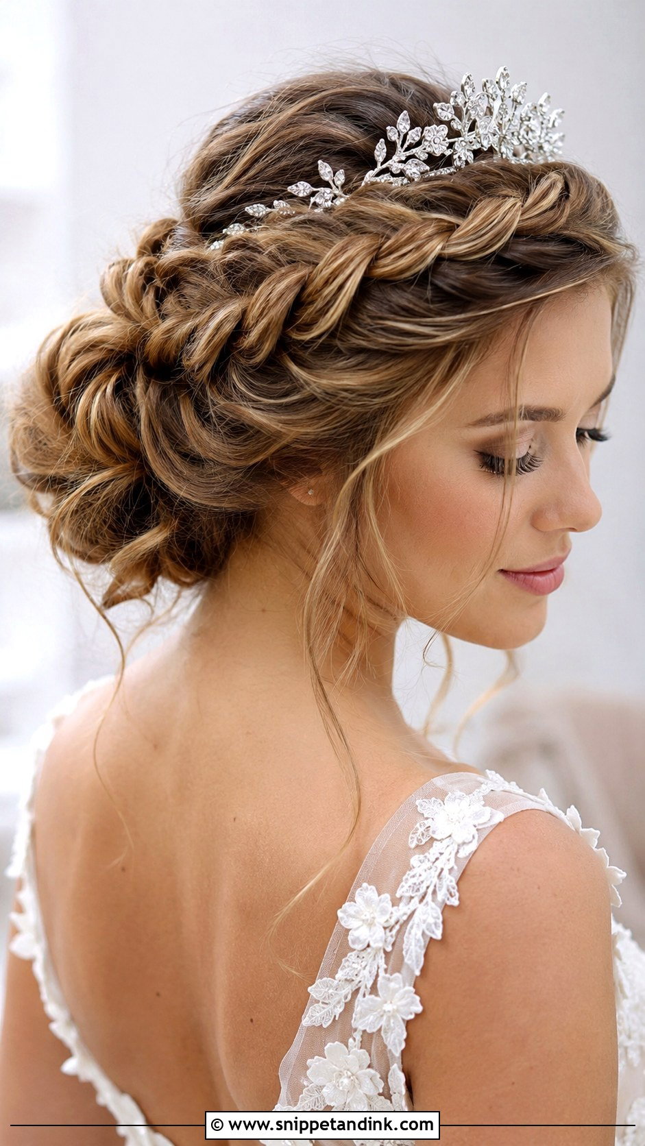 Braided Halo Updo With Tiara - Snippet and Ink - 20 Bridal Hair with Tiara Ideas