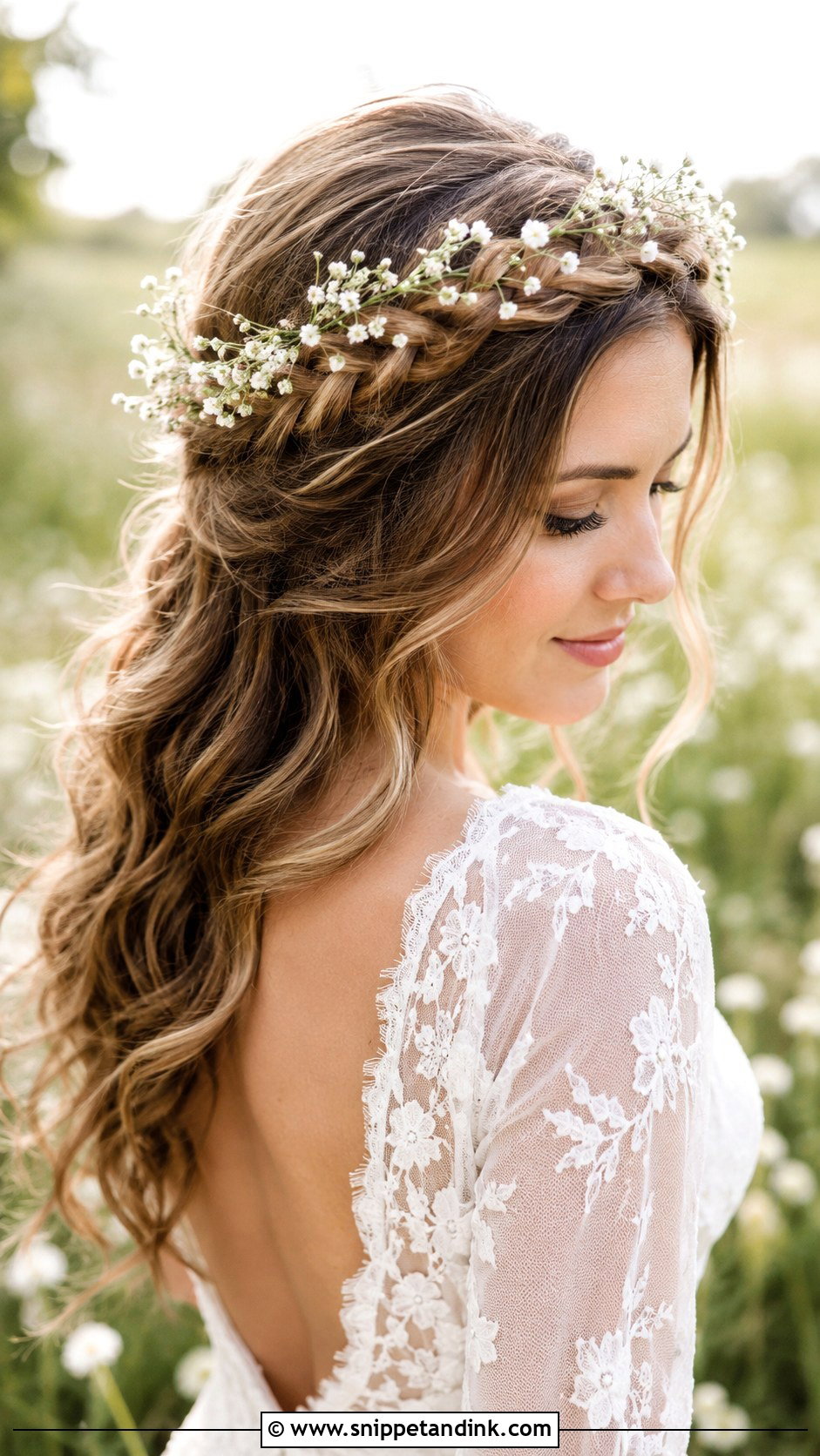 Braided Halo With Babys Breath - Snippet and Ink - 25 Boho Bride Hair Ideas