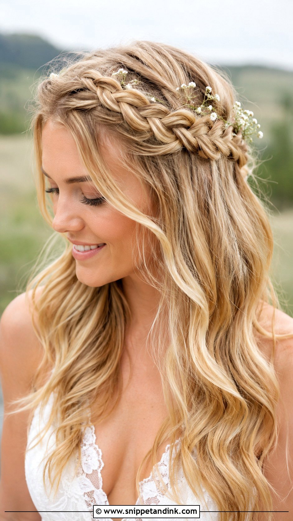 Braided Headband With Flowing Hair - Snippet and Ink - 20 Hippie Wedding Hair Ideas