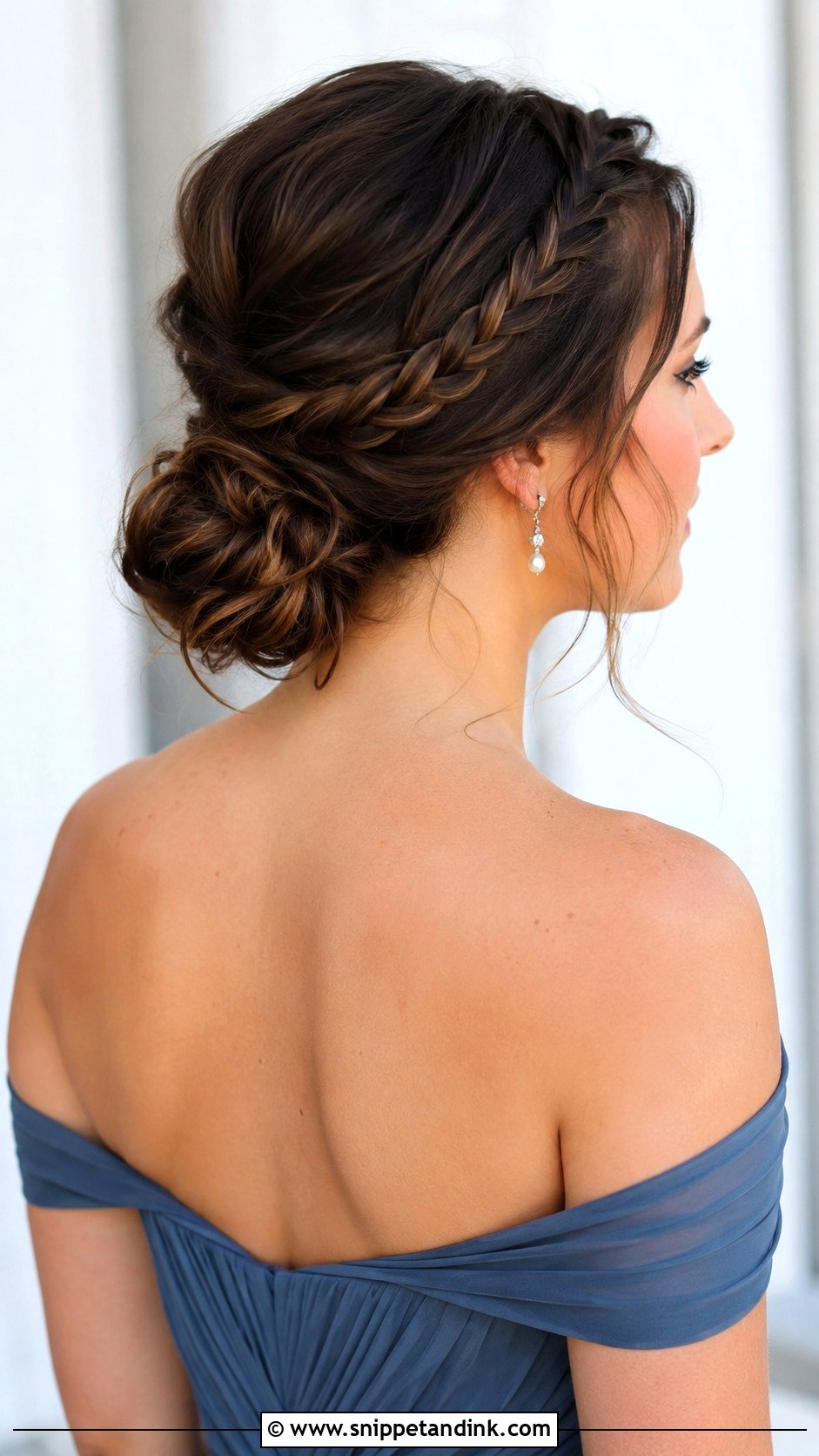 Braided Low Bun Bridesmaid Hairstyle With Off Shoulder Dress - Snippet and Ink - 20 Bridesmaid Hairstyles with Off Shoulder Dress