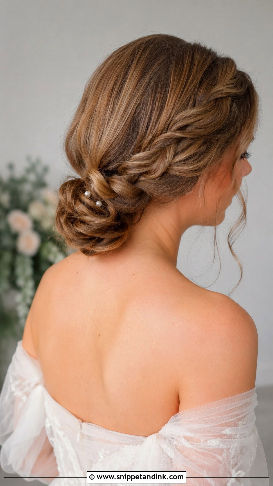 Braided Low Bun For Off Shoulder Dress - Snippet and Ink - 15 Wedding Hairstyles for Off Shoulder Dress