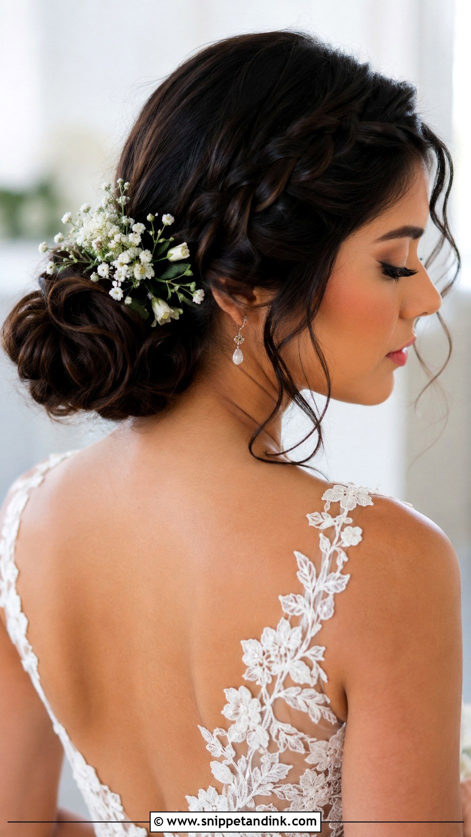 Braided Low Bun Wedding Hair With Flowers - Snippet and Ink - 15 Low Bun with Braid Wedding Hair Ideas